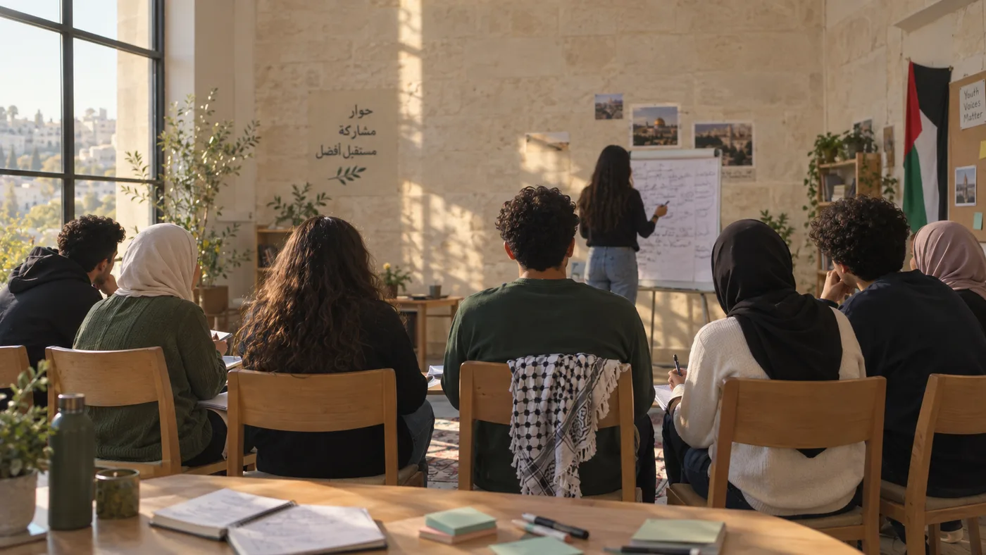 شابات وشبان في جلسة حوار داخل قاعة تدريب